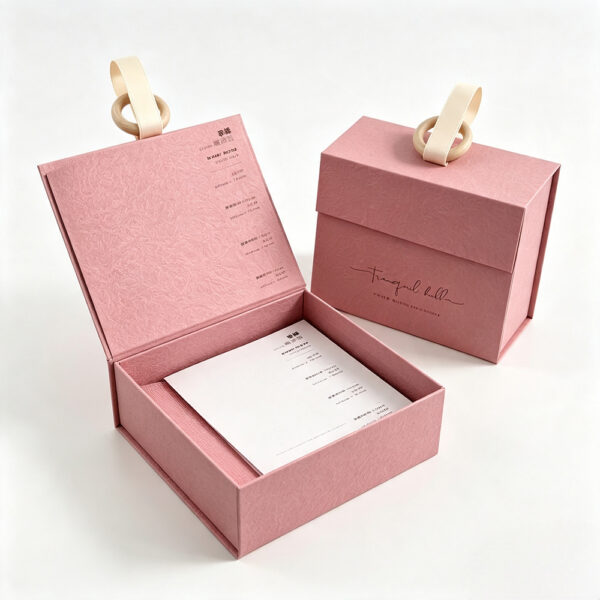 Textured Pink Rigid Invitation Box with Ribbon Loop Handle