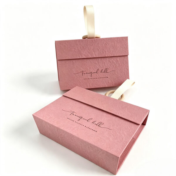 Textured Pink Rigid Invitation Box with Ribbon Loop Handle